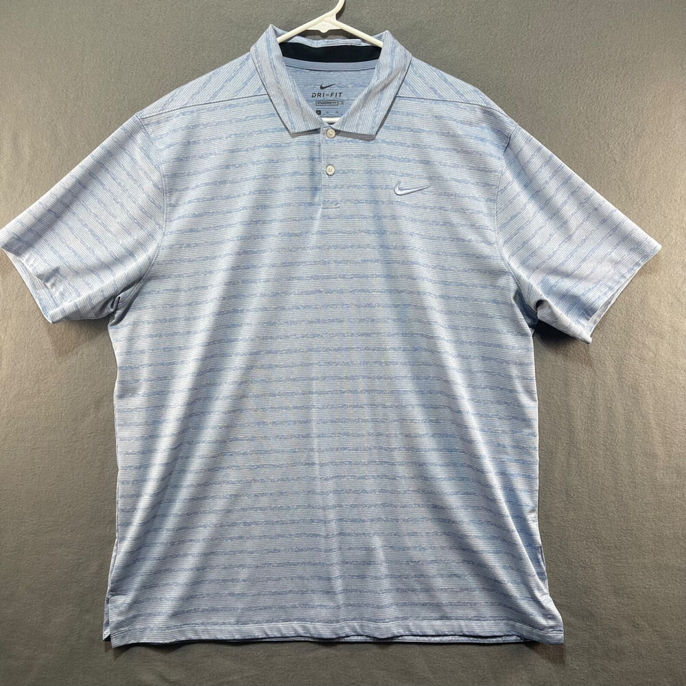 Nike Dri-Fit Standard Fit Polo Mens XL Blue S/S Stripes Raised Logo Preppy Golf